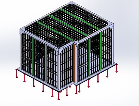 3D render of a Connexions punched-steel security cage with roof and underfloor barrier