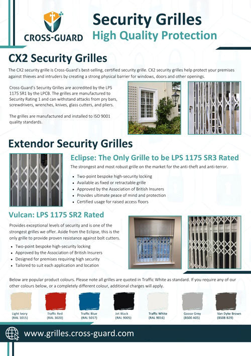 Cross-Guard security grilles leaflet showing CX2, Eclipse and Vulcan grilles and colours