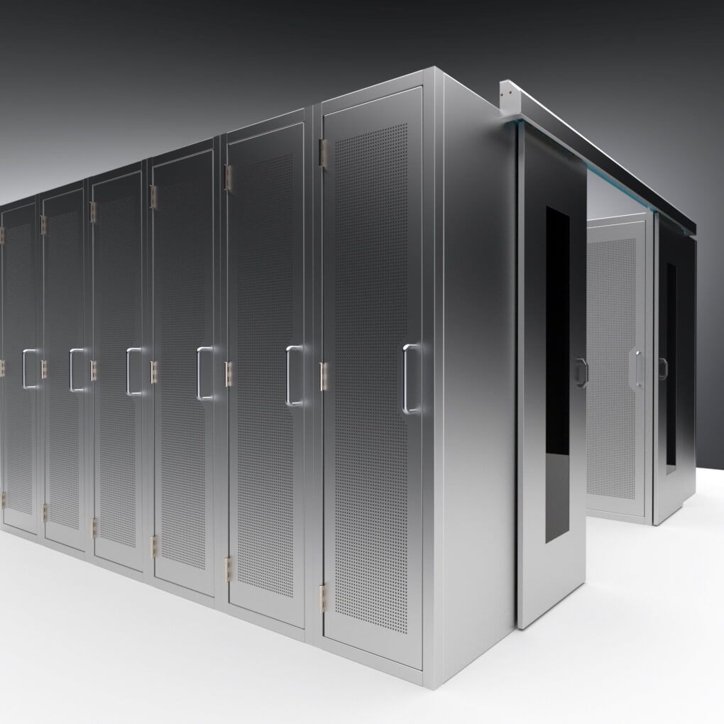 Cold aisle containment installed between rows of cabinets