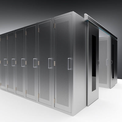 Cold aisle containment installed between rows of cabinets